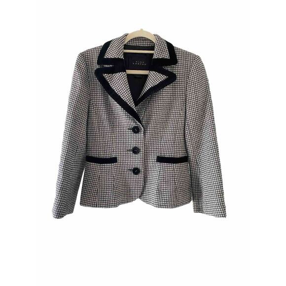 Pink Tartan Blazer Womens Size 4 Black White Gingham Wool Jacket Chic Old Money - Picture 1 of 12